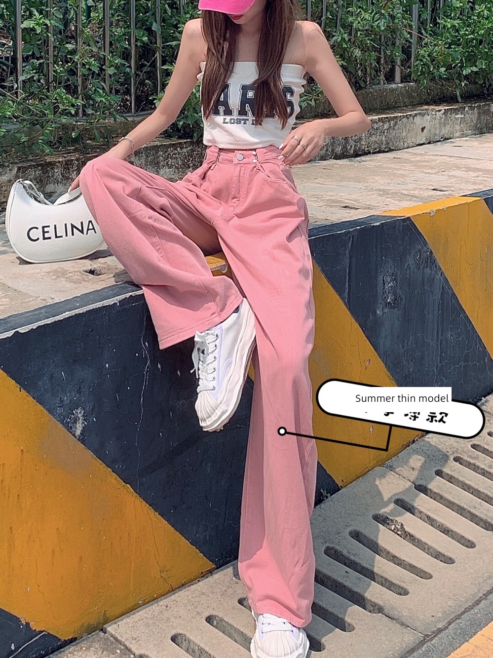 Pink High waist Thin money easy Show thin Mopping Jeans