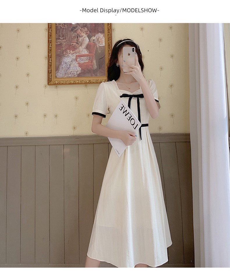 French Retro Show thin square neck Splicing A word summer wear