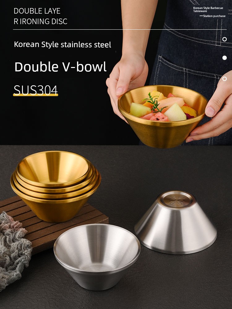304 Stainless Steel Bowl Double Layer Rain-Hat Shaped Bowl Rice Bowl Golden Salad Bowl Noodle Bowl Internet Celebrity Soft Ice Shaved Ice Ice Shavings Bowl