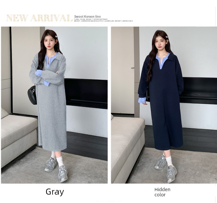 Maternity Dress 2026 Autumn Collection, High-End Style, Discreet during Pregnancy, Striped Patchwork, Faux Two-Piece, Turn-Down Collar, Office Dress — 6