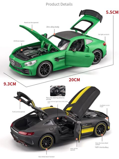 1 24 Mercedes-Benz AMG car model GTR Green Magic Supercar alloy car model sound and light boy simulation collection ornaments