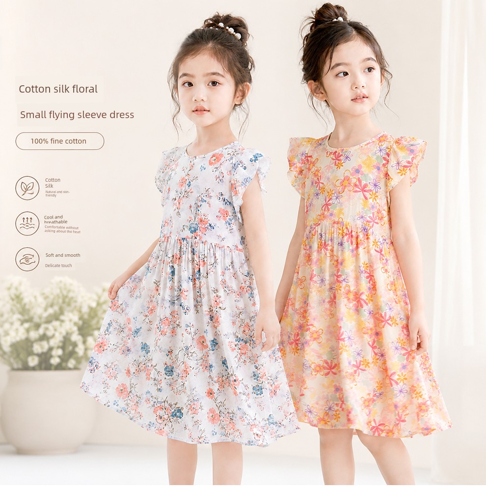 Summer Flying Sleeve Floral Children's Noil Poplin Dress — 4