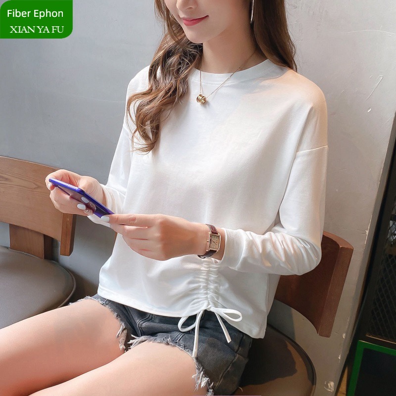 Xianyafu easy spring and autumn Solid color Show thin Long sleeve T-shirt