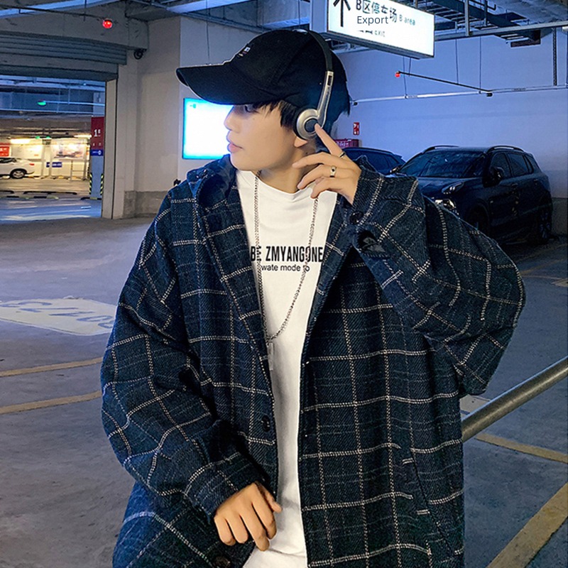 American style Retro brown lattice Windbreaker have cash less than that is registered in the accounts loose coat male Autumn and winter Chaopai woolen overcoat Hooded work clothes Jacket