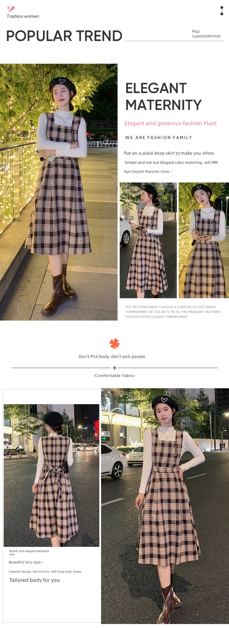 Autumn and winter French Check pattern Wool Dress suit straps