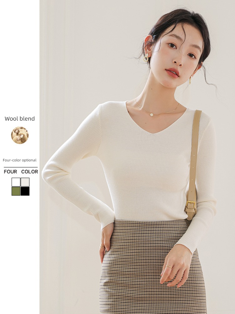 V-neck wool white jacket Spring and Autumn Sweater