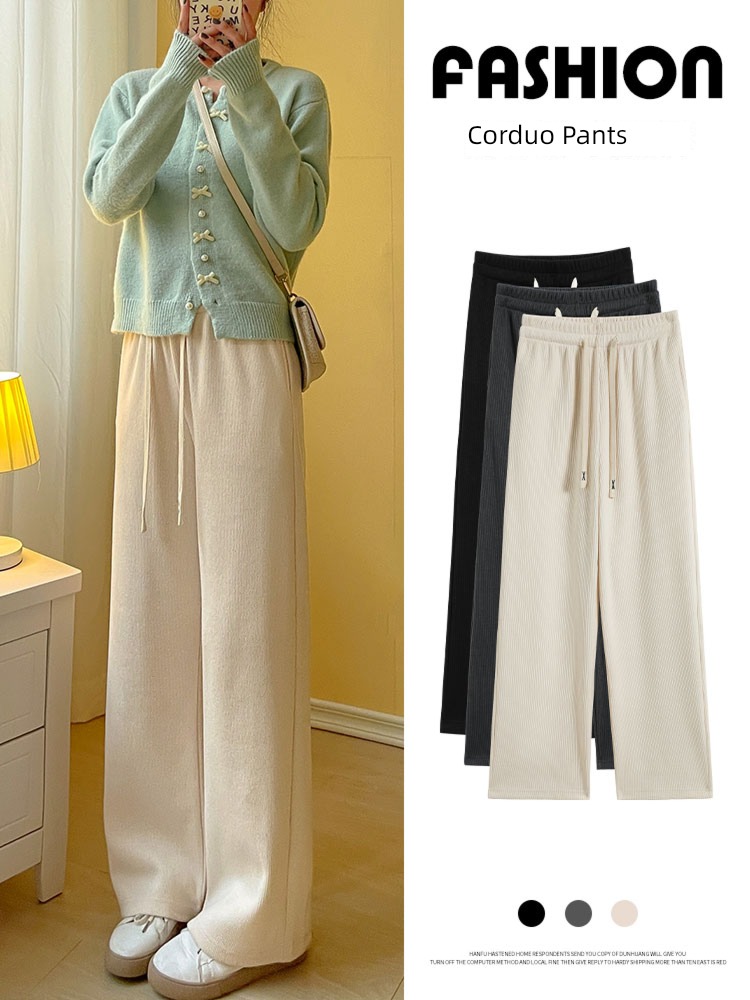 white corduroy Wide leg pants female Autumn and winter 2022 new pattern High waist Sagging sensation easy leisure time Straight cylinder Mopping Plush trousers