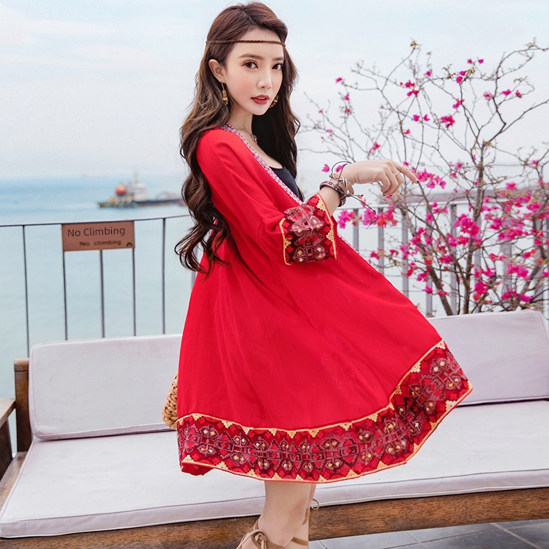 sandy beach Seaside holiday ethnic style Nine point sleeve Embroidery