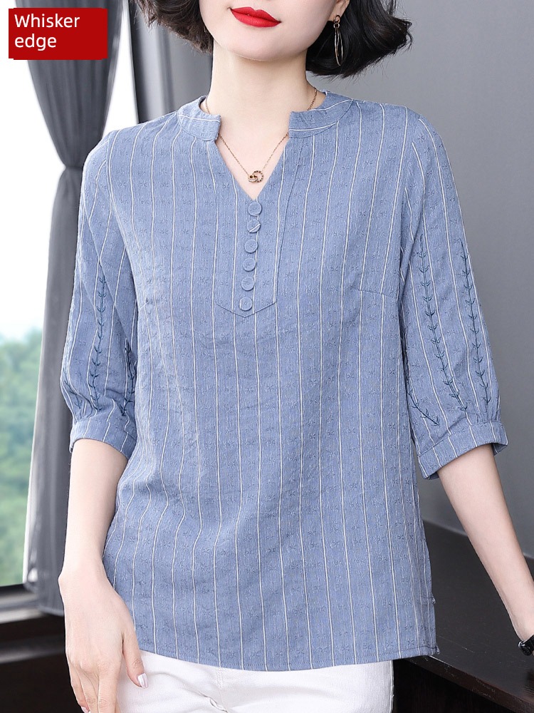 three quarter sleeve 2022 summer flax Women shirt