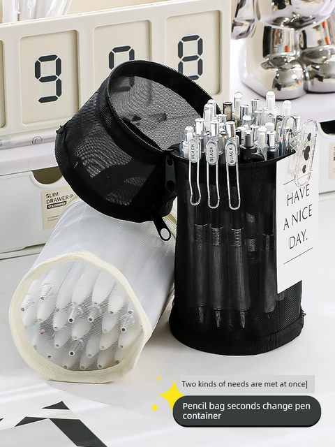 Mesh cylinder pencil bag pen holder stationery bag 2025 new student dual-purpose pencil bag large capacity multi-function transparent can enter the examination room for the college entrance examination special storage bag for three-dimensional simple handheld trumpet