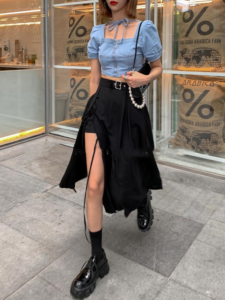 Irregular Bandage Medium length skirt Fork Sagging sensation work clothes