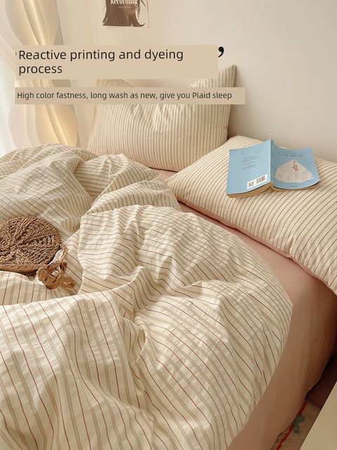 French striped bed sheet four-piece set wash quilt cover single student dormitory bed three-piece set part-of-all cotton pure cotton