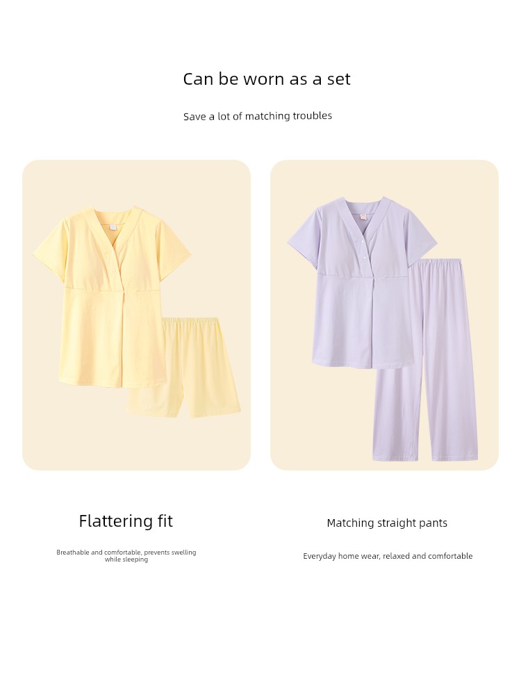 Postpartum Clothing, Summer Pure Cotton Thin Style, Sweat-Absorbent, Postpartum, with Breast Pads, Maternity Pajamas, Short-Sleeved, Breastfeeding — 2