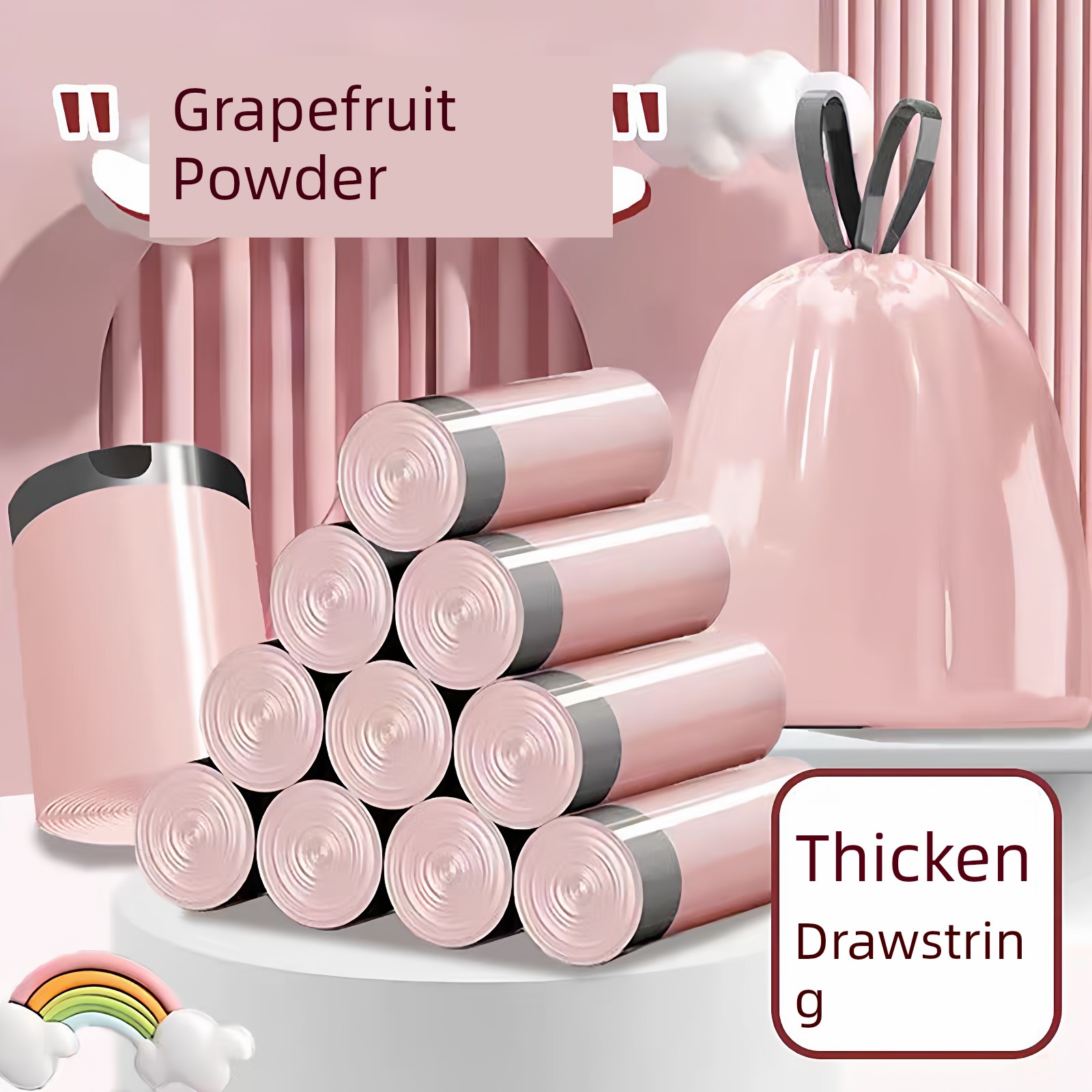 Grab It~ Drawstring Garbage Bags, Pink, with Handles, Thickened, Large Household Plastic Bags, Black with White Print