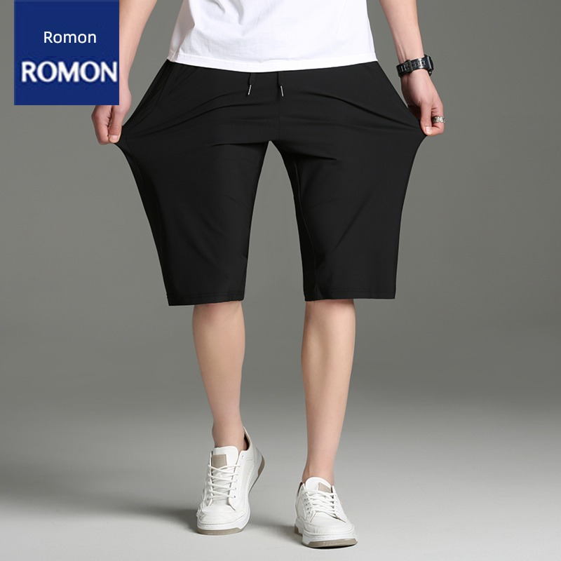 Romon Ice silk elastic force Big size leisure time quick-drying Cropped Trousers