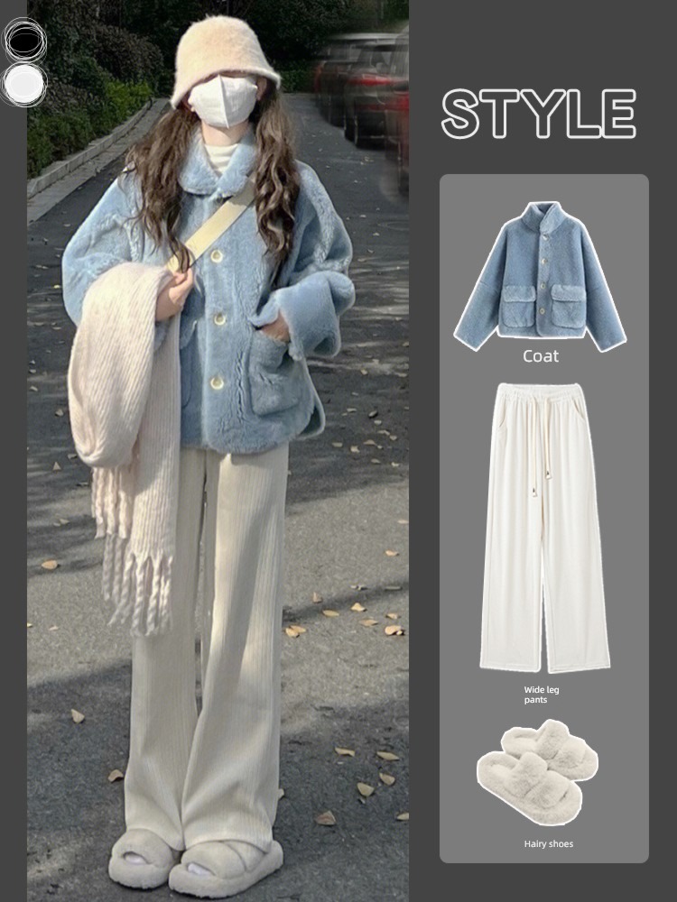 Spring, autumn and winter High waist easy Cotton wool cream Wide leg pants