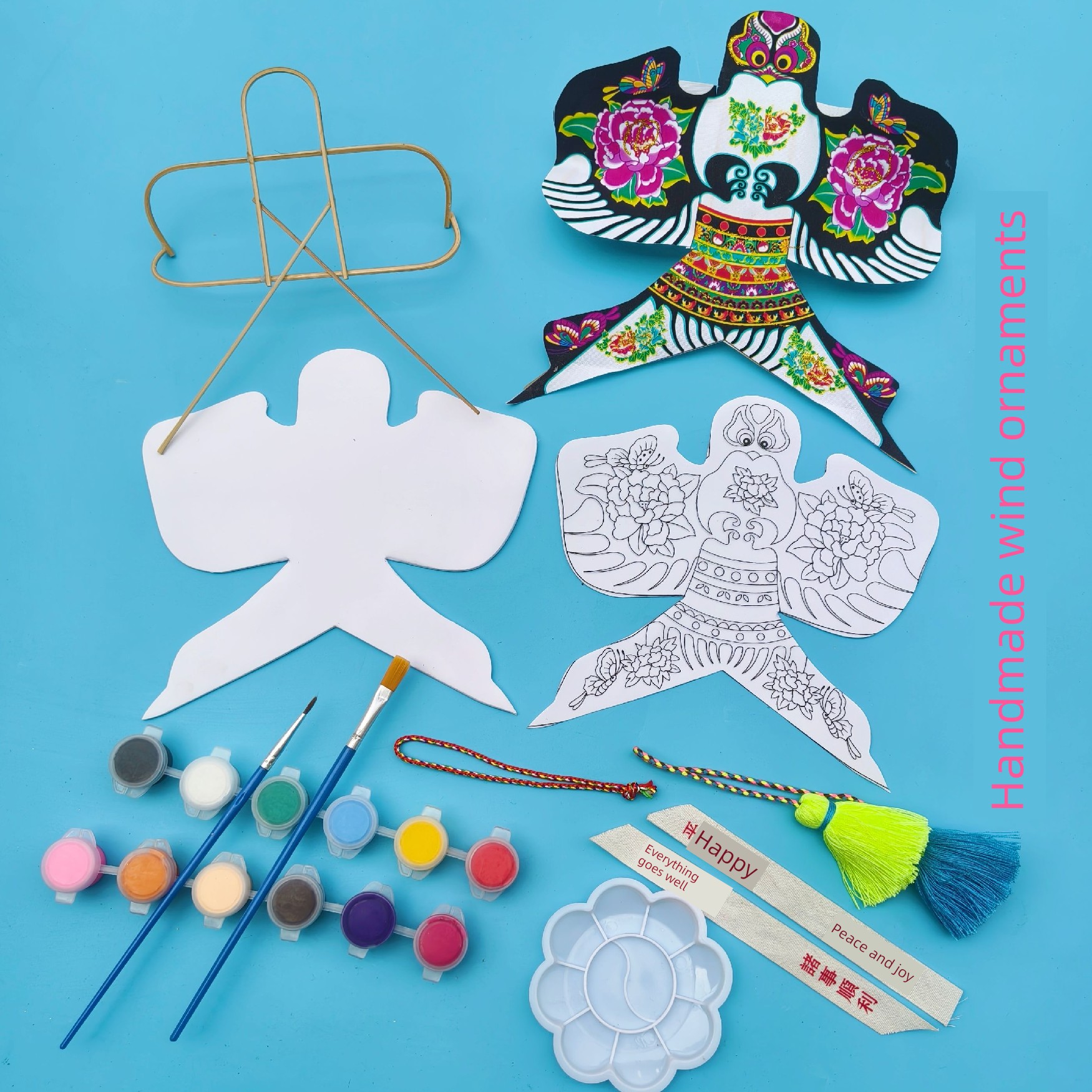 Children's Hand-Painted Small Kite DIY Material Kit Wind Chime Hanging Decoration Paper Kite Handmade Creative Props Blank Coloring