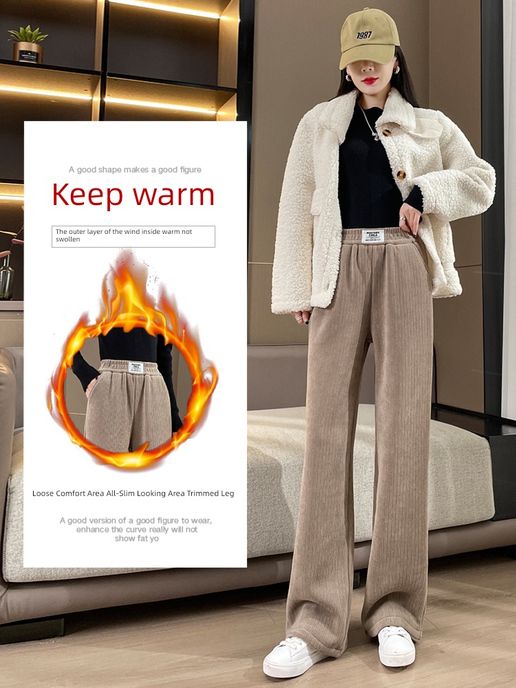 Lamb cashmere trousers female winter corduroy Wide leg pants female Autumn and winter 2022 new pattern Hot money chenille  Plush Women's trousers
