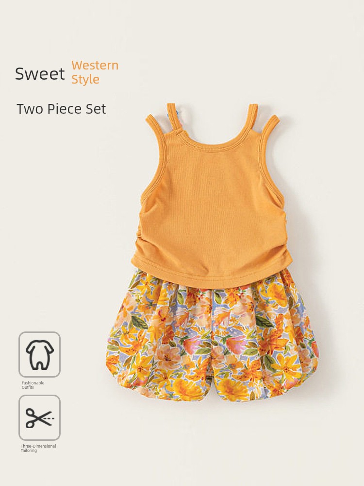 Girls' Summer Outfit: Sweet Thin Vest and Floral Bloomers, Stylish Summer Suspender Shorts for Baby Girls — 4