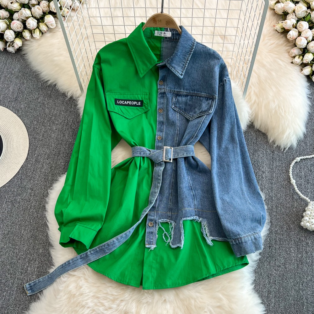 chic With belt Color matching leisure time jacket cowboy shirt