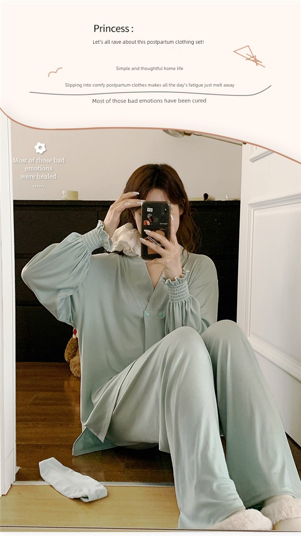 Free Hairband with Modal Maternity Pajamas for Women, Spring and Autumn Cool Nursing Postpartum Wear, Summer Thin Style with Breast Pads for Home Use — 3