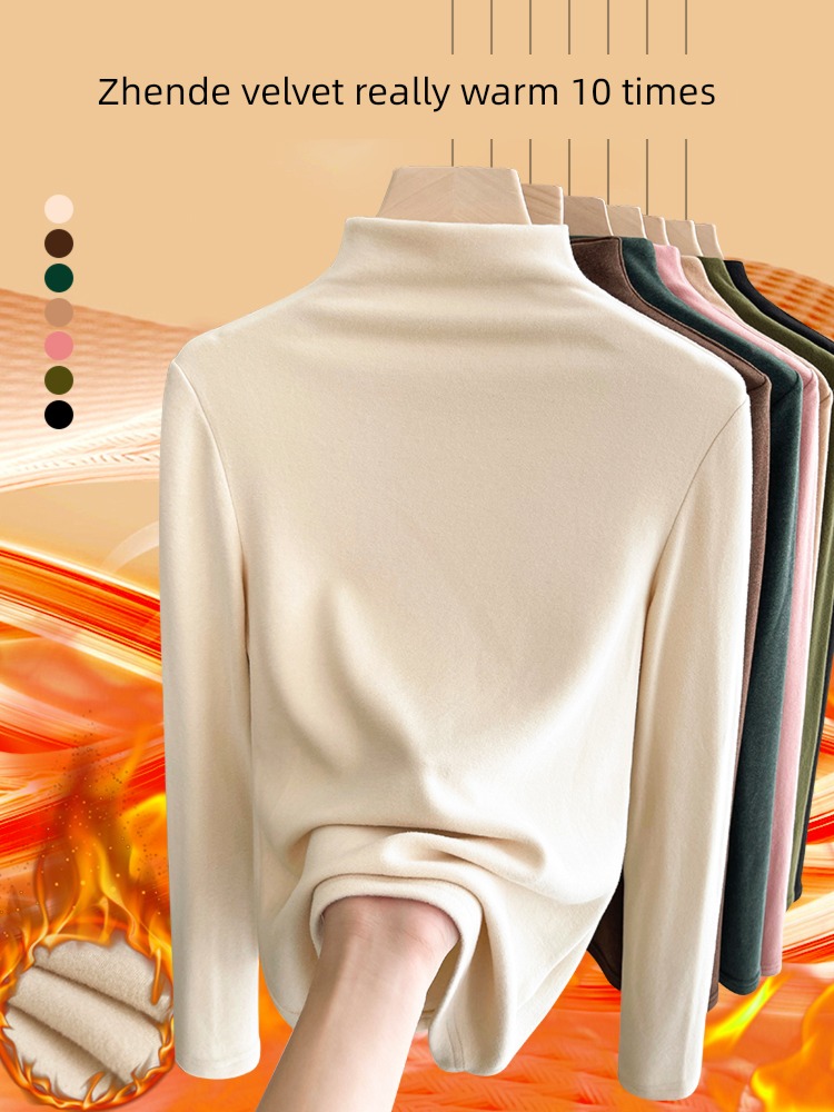 Derong Half high collar Undershirt female winter Foreign style sweater Inner lap easy Solid color T-shirt Sanding Self heating jacket