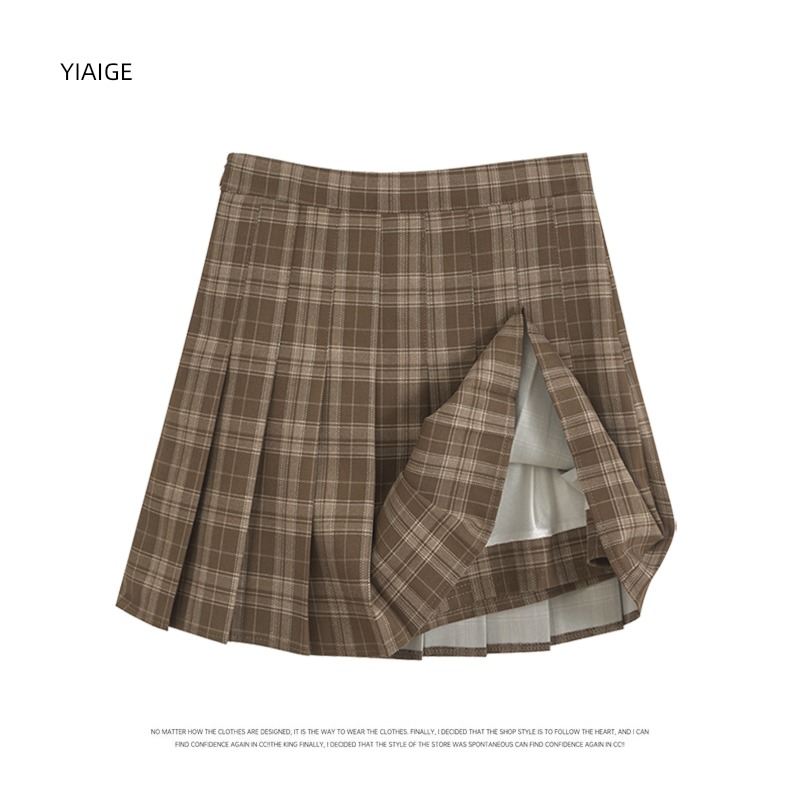 Retro lattice A word Light proof Autumn and winter Pleated skirt