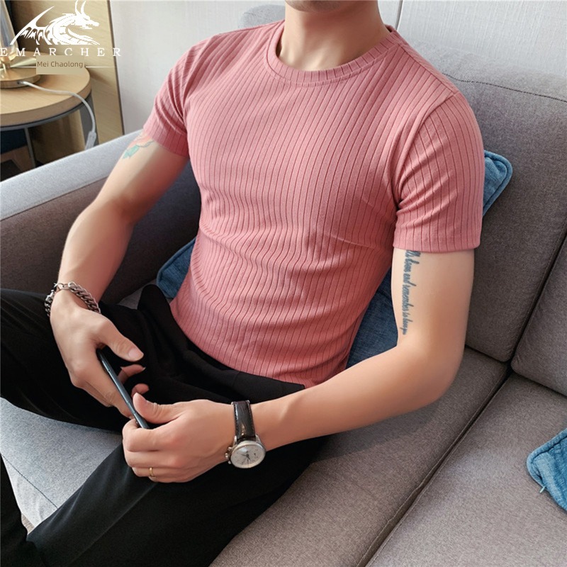 Korean version Vertical stripe Short sleeve stylish guy Tight fitting Undershirt