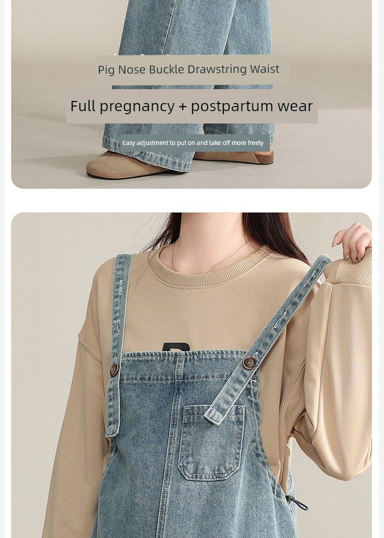 Maternity Denim Overalls That Don'T Squeeze the Belly, Loose-Fitting Plus-Size Pants for Autumn, Age-Reducing Wide-Leg Pants for Pregnant Women, Fall Wear — 10