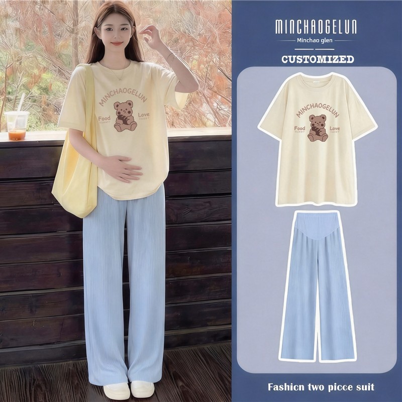 Maternity Suit for Summer Outings, Korean Style, Stylish Pure Cotton Short-Sleeved Top, Loose Casual Belly-Supporting Wide-Leg Pants Two-Piece Set — 9