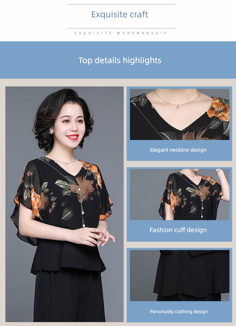middle age mom T-shirt Foreign style Age reduction Chiffon shirt summer wear