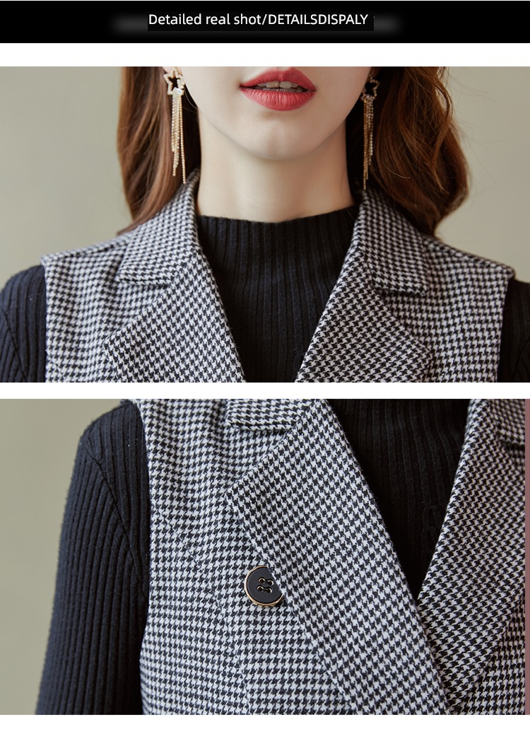 Autumn and winter houndstooth  Vest skirt temperament Wool tailored collar