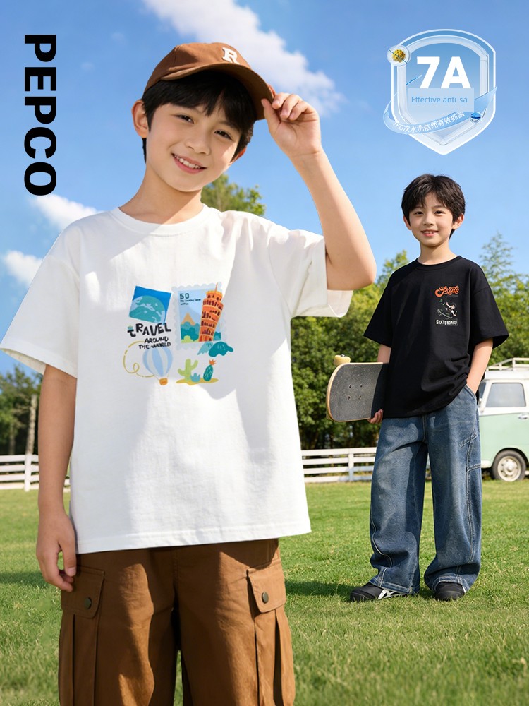 Piggy Banner Children's Clothing Summer New Style Kidsren's Short-Sleeved T-Shirt Medium and Large Kidsren's Boys' Round Neck Top [7A Antibacterial]