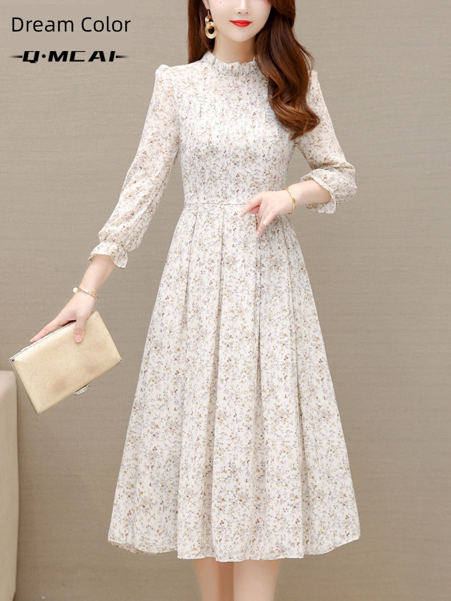 French Spring High waist mom Long sleeve Chiffon Dress