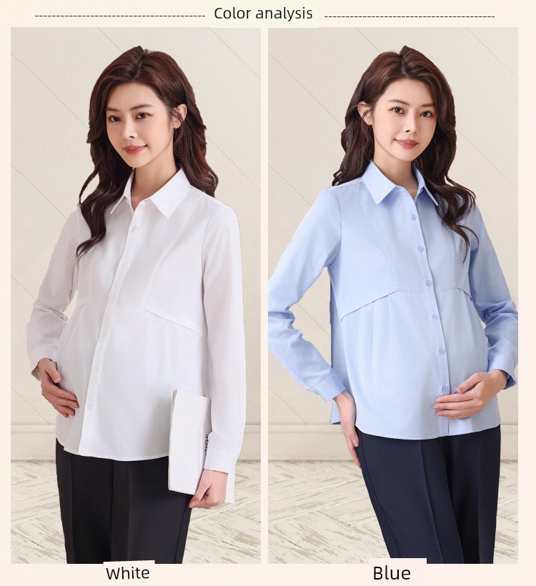 Maternity Professional Shirt, Loose-Fitting Workwear, Short White Top, Ol Blue Spring and Autumn Long-Sleeve Interview Work Shirt — 5
