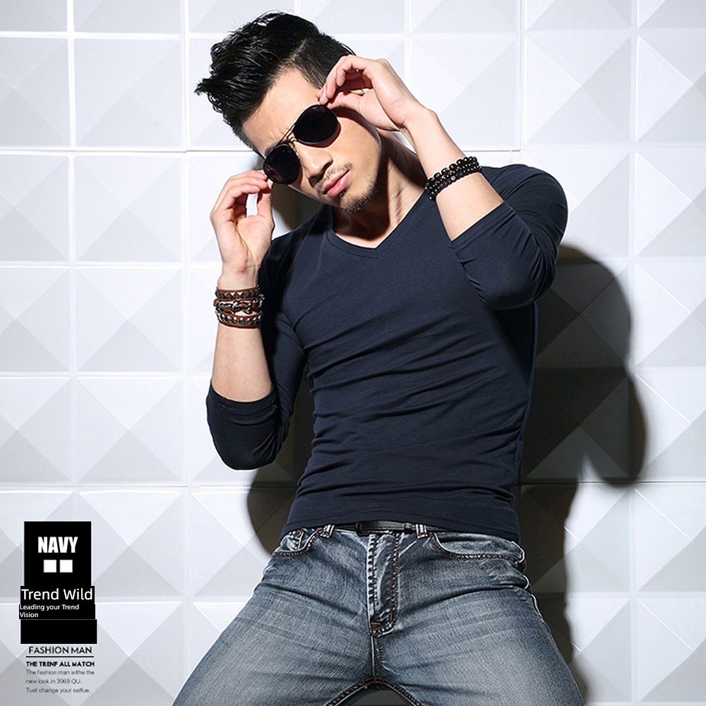 modal  man V-collar Tight fitting Undershirt Long sleeve T-shirt