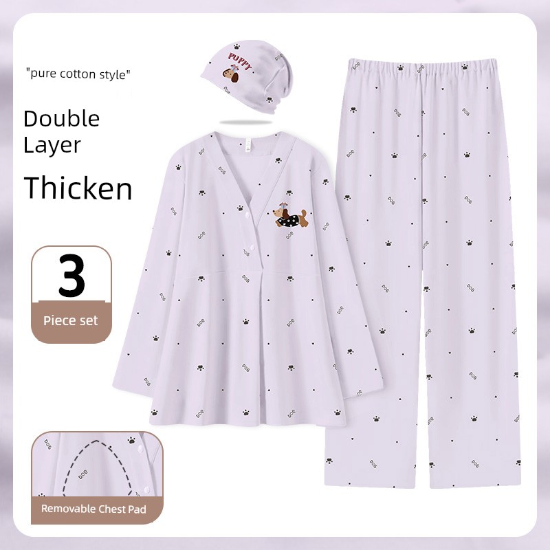 Maternity Pajamas with Breast Pads, Pure Cotton, Sweat-Absorbent, Autumn and Winter Style, Nursing Maternity Sleepwear, Summer Thin Style, Postpartum — 6