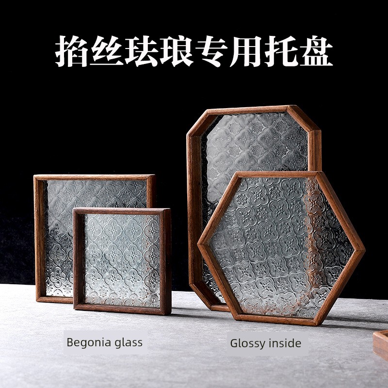 Cloisonné Glaze Coloring Base Plate Filigree Painting DIY Material Kit Glass Wooden Tray New Chinese Style Tea Tray Ornament