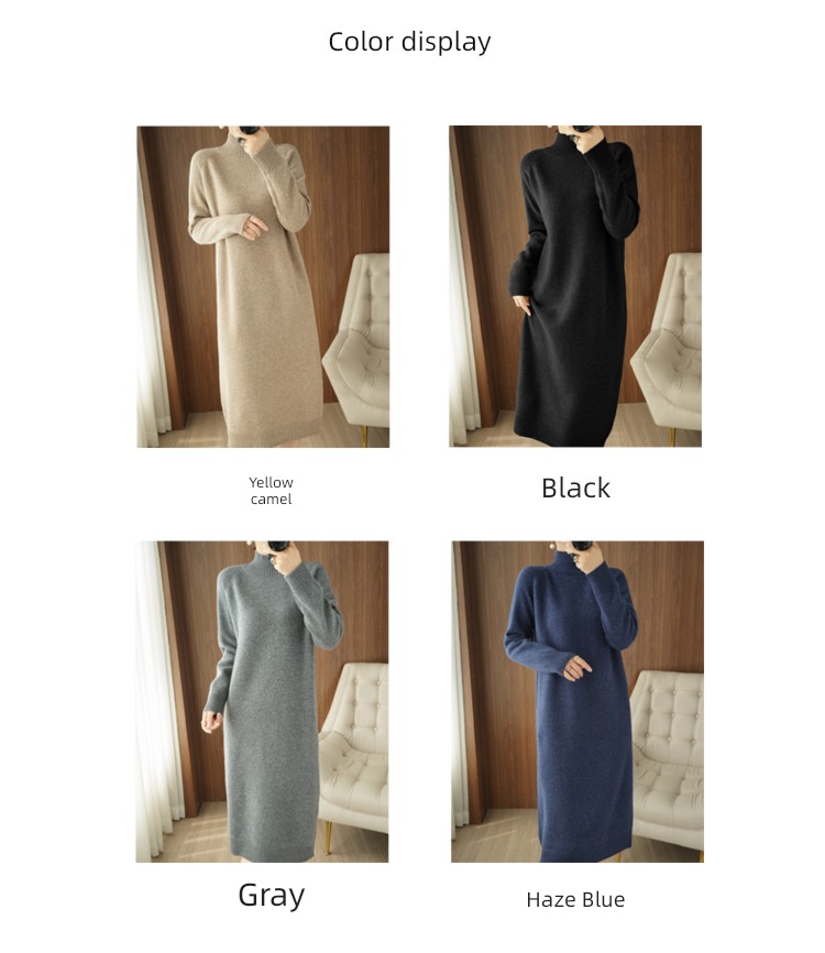 Korean version Medium and long term knitting Half high collar easy Wool dress