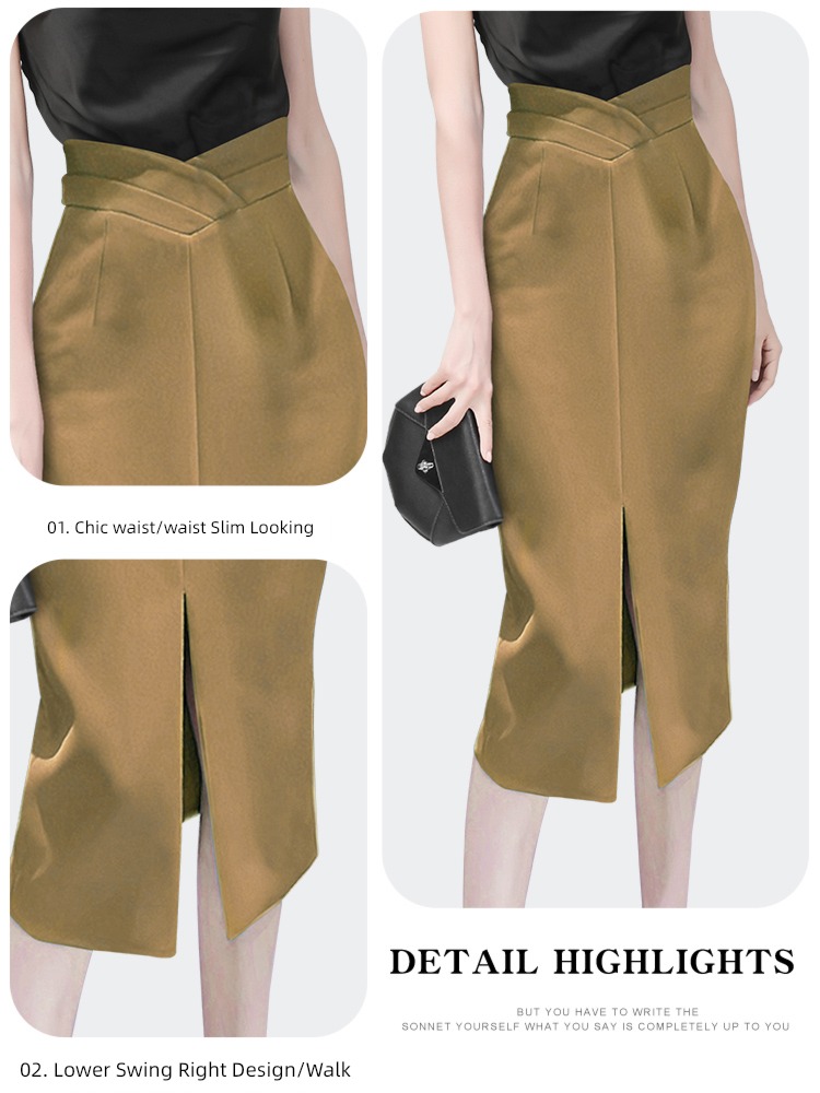 Sense of design Front split Medium and long term khaki skirt