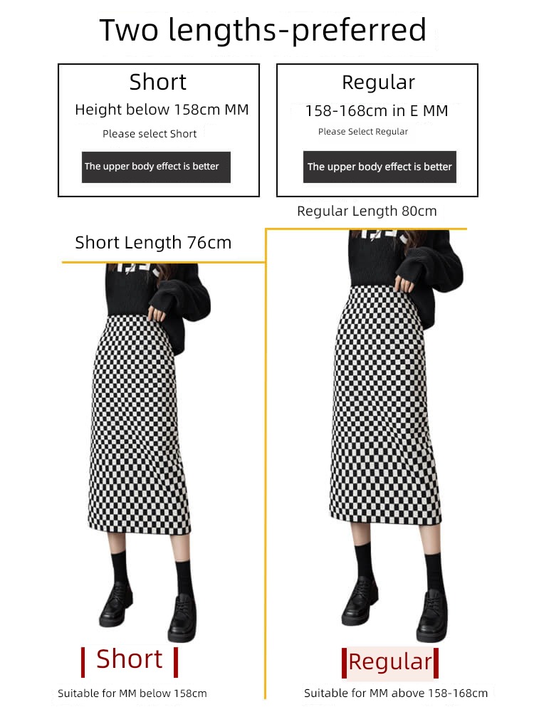 Medium and long term High waist Buttocks A-line skirt checkerboard lattice