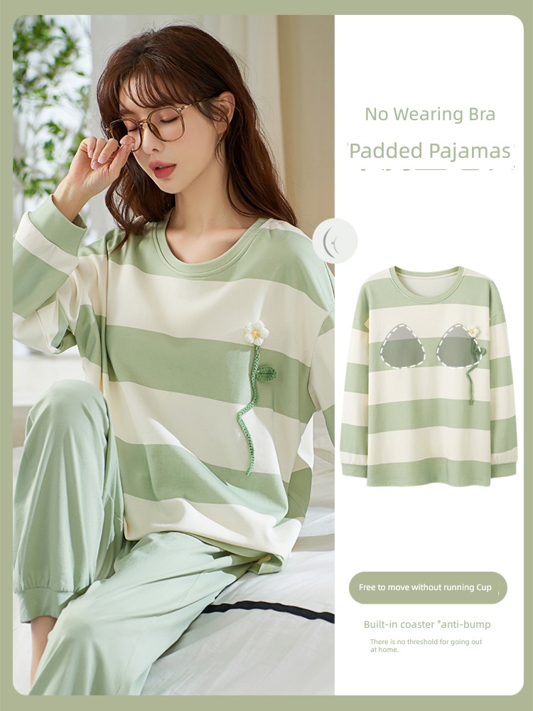 With chest pad female Spring and Autumn Solid color cotton material Long sleeve pajamas