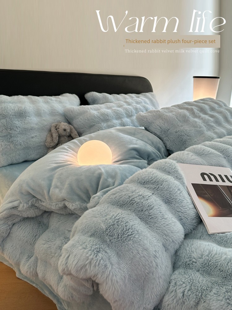 Cat-Like Rabbit Fur Plush Four-Piece Bedding Set for Winter, Thickened Milk Coral Fleece Bedding, Flannel Duvet Cover and Bed Sheet