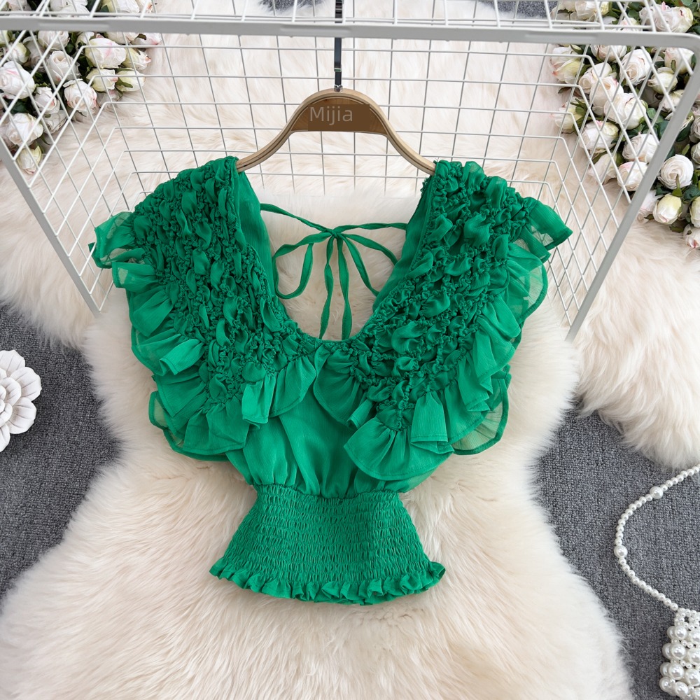 V-neck Flying sleeve backless fold Foreign style Chiffon shirt