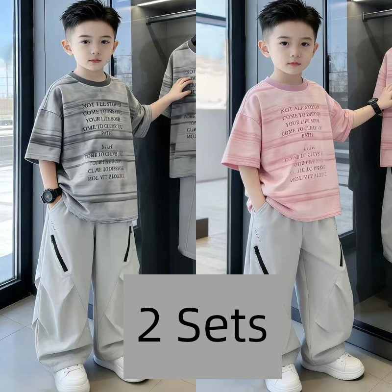Boys' Short-Sleeve T-Shirt Set 2026 New Trendy Street Style Cool Children's Summer Outfit Boys' Clothing Big Kids Summer Two-Piece Set — 4