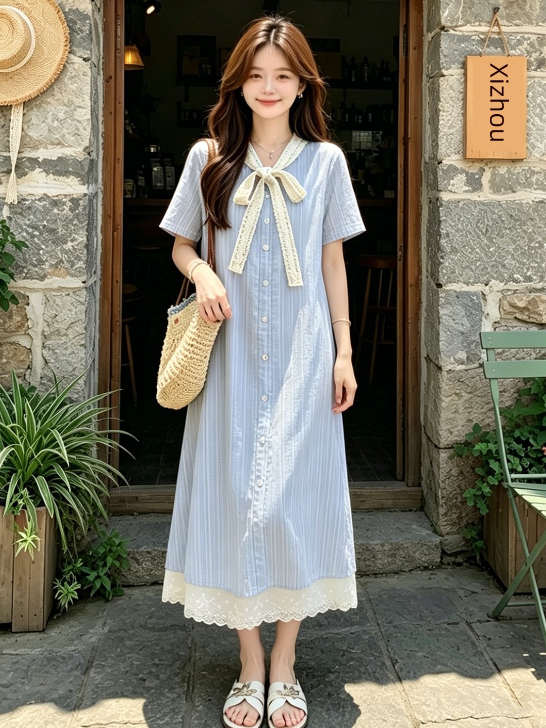 Maternity Dress Summer Thin Style 2026 New Blue Sweet Lace Splicing Short-Sleeved A-Line Dress Mid-Length for Women — 4
