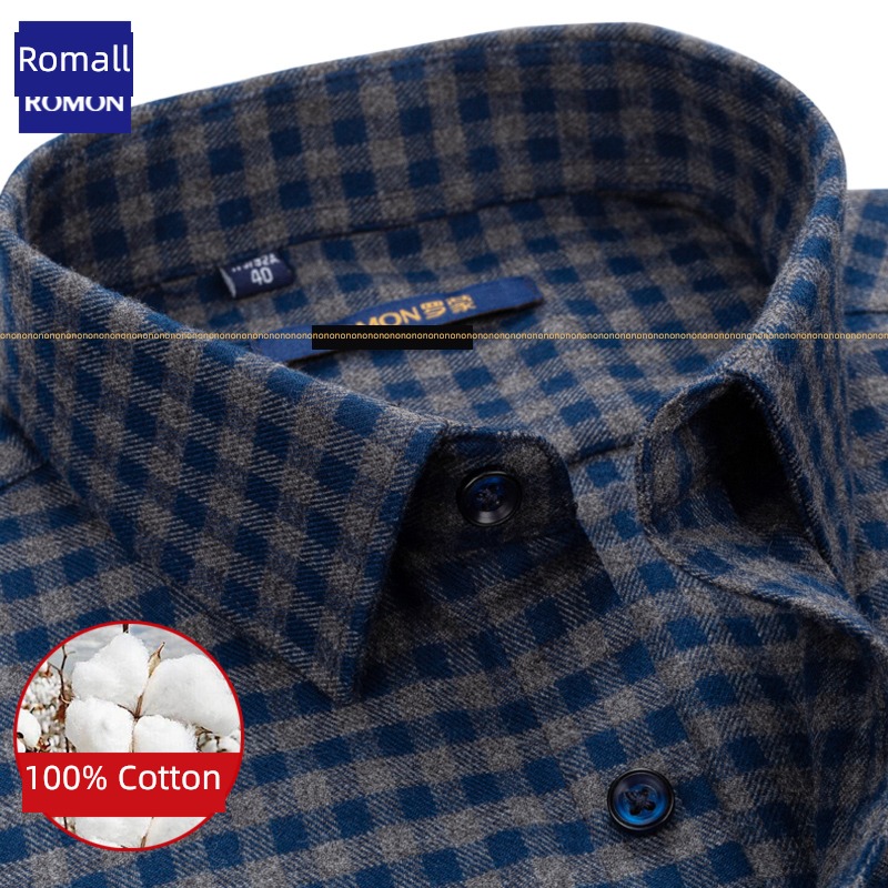 Romon middle age lattice leisure time Cotton Long sleeve shirt