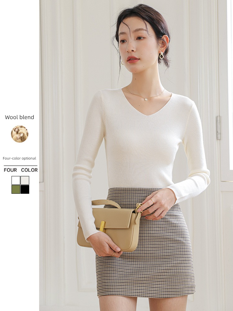 V-neck wool white jacket Spring and Autumn Sweater