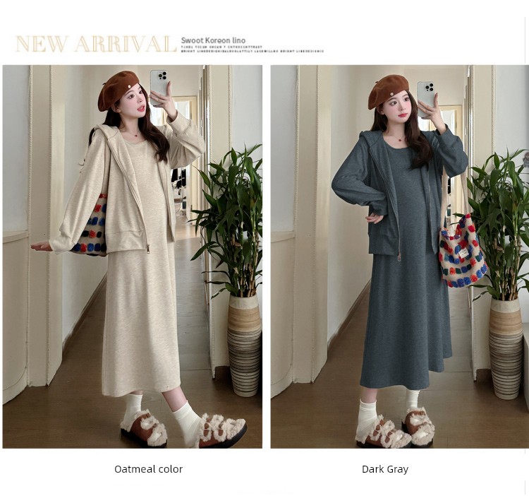 Maternity Suit Autumn Outfit 2026 New Style Loose Slimming Tank Dress Hooded Cardigan High-End Two-Piece Set for Pregnant Mothers — 5