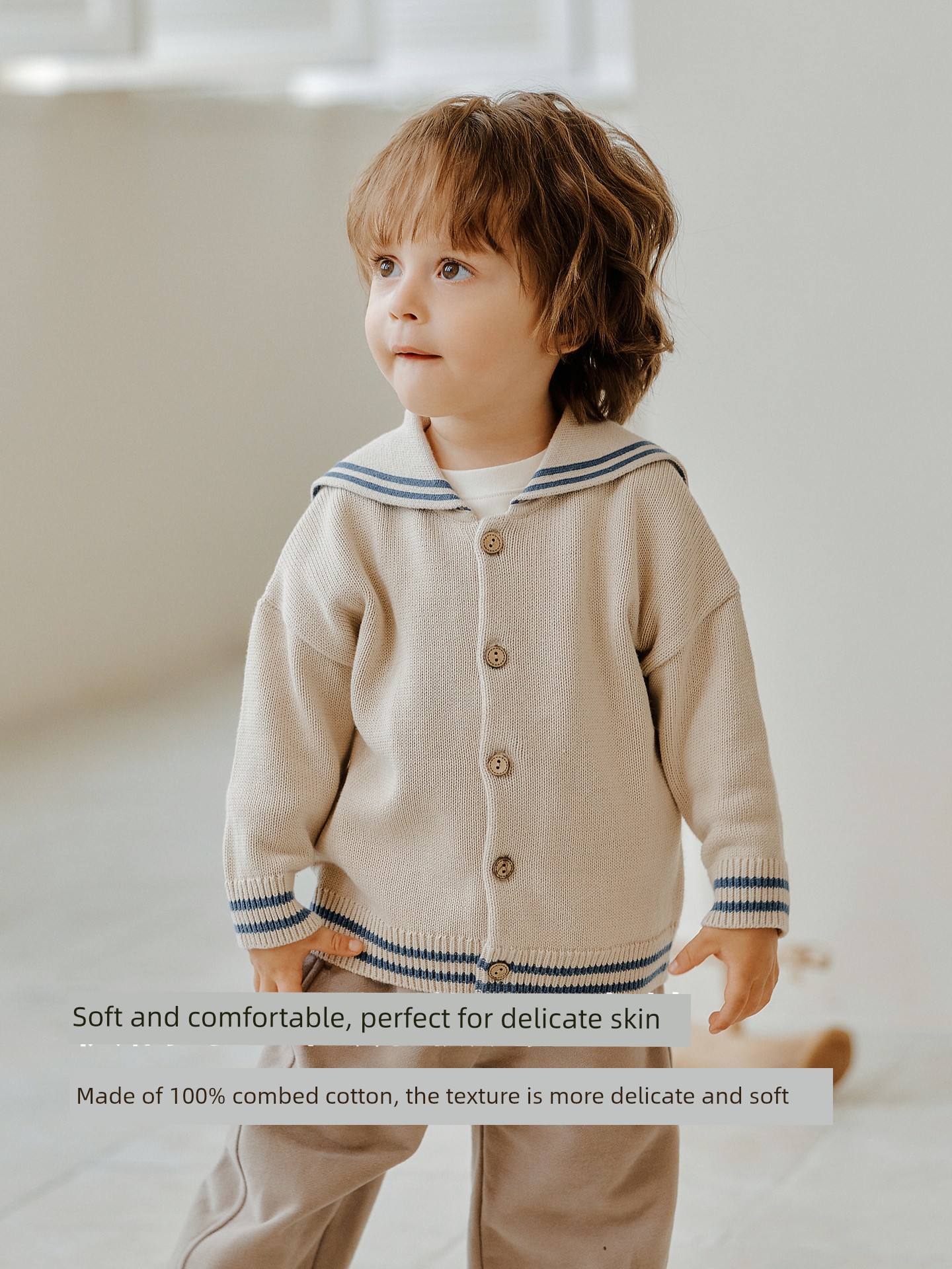 [New Product] Oak Family Kidsren's Autum Sweater Top Pure Cotton Navy Collar Long-Sleeved Knitted Cardigan — 3